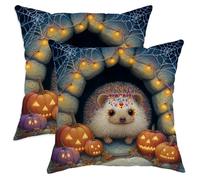 Halloween Throw Pillow Covers Set of 2, Cute Hedgehog and Pumpkin Design Cushion Cases, Decorative Square Fall Home Decor for Sofa Couch 28x28 Inch