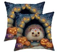 Halloween Throw Pillow Covers Set of 2, Cute Hedgehog and Pumpkin Design Cushion Cases, Decorative Square Fall Home Decor for Sofa Couch 22x22 Inch
