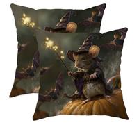 Halloween Throw Pillow Covers Set of 2, Cute Wizard Mouse with Bats Decorative Cushion Cases for Fall Home Sofa Bed Couch Decor 16x16 Inch