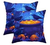 Halloween Throw Pillow Covers Set of 2, Dark Blue Raven and Cauldron Decorative Cushion Cases, Autumn Farmhouse Decor for Home Sofa Bed Couch 28x28 Inch