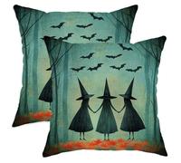 Halloween Throw Pillow Covers Set of 2, Dark Blue Witch and Bat Design Cushion Cases, Spooky Decorative Square Home Decor for Sofa Couch 20x20 Inch