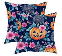 Halloween Throw Pillow Covers Set of 2, Navy Blue Pumpkin Floral Cushion Covers, Fall Decorative Square Home Decor for Sofa Bed Couch 12x12 Inch