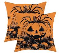 Halloween Throw Pillow Covers Set of 2, Orange Pumpkin Spider Decorative Cushion Cases, Spooky Farmhouse Decor for Home Sofa Bed Couch 24x24 Inch