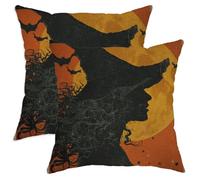 Halloween Throw Pillow Covers Set of 2, Orange Witch Silhouette and Bat Design Decorative Cushion Cases for Home Sofa Bed Couch 12x12 Inch