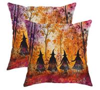 Halloween Throw Pillow Covers Set of 2, Orange Witch Silhouette Art Cushion Cases, Festive Decorative Square Farmhouse Decor for Home Sofa Bed Couch 12x12 Inch