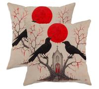 Halloween Throw Pillow Covers Set of 2, Red Moon Raven Design Cushion Cases, Spooky Decorative Square Pillows for Home Sofa Bed Couch 24x24 Inch