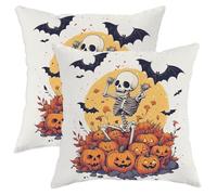 Halloween Throw Pillow Covers Set of 2, Skeleton and Pumpkin Decorative Cushion Covers, Spooky Fall Farmhouse Decor for Home Sofa Bed Couch 24x24 Inch