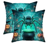 Halloween Throw Pillow Covers Set of 2, Spooky Spider and Cauldron Design, Decorative Square Cushion Covers for Home Couch Decor 16x16 Inch