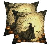 Halloween Throw Pillow Covers Set of 2, Spooky Witch and Pumpkin Design Cushion Cases, Autumn Decorative Square Home Decor for Sofa Couch 26x26 Inch