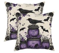 Halloween Throw Pillow Covers Set of 2, Violet Crow and Spider Web Decorative Cushion Cases for Spooky Home Decor Sofa Couch 22x22 Inch