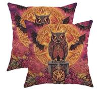 Halloween Throw Pillow Covers Set of 2, Violet Owl and Bat Decorative Cushion Cases, Autumn Seasonal Home Decor for Sofa Bed Couch 22x22 Inch