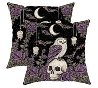 Halloween Throw Pillow Covers Set of 2, Violet Owl and Skull Print Cushion Covers, Spooky Decorative Square Home Decor for Sofa Bed Couch 22x22 Inch