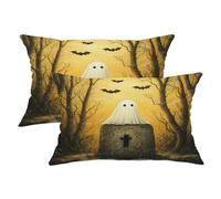 Halloween Throw Pillow Covers Set of 2, Yellow Ghost and Bat Design Cushion Cases, Spooky Decorative Square Home Decor for Sofa Couch Bed 20x12 Inch