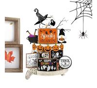 Halloween Tiered Tray Decorations, Spooky Pumpkin Ghost Signs, Wooden Desktop Ornaments, Scary Tabletop Display, Compact Ideal for Bookshelf, Living Room, Bedroom, Cabinet, and Shelf