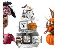 Halloween Tiered Tray Decorations, Spooky Wooden Signs, Pumpkin Ghost Table Decor, 5.12x3.54x4.33 Inches, Rustic Festive Accents, Ideal for Bookshelf, Cabinet, Den, Bedroom, Living Room Display