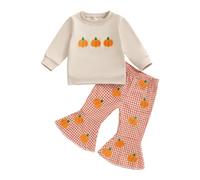 Halloween Toddler Baby Girl Outfits Sweatshirt Long Sleeve Pumpkin Embroidery Fall Elastic Pullover Tops Infant Girls Plaid Flare Pants Outfit Clothes Set (Orange, 3-6 Months)