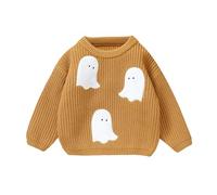 Halloween Toddler Boy Girl Sweater Ghost Embroidery Pattern Long Sleeve Crew Neck Chunky Knitwear Pullover Tops Knitted Baby Clothes (Yellow, 18-24 Months)
