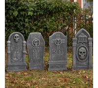 Halloween Tombstones Set of 4 Skull Graveyard Headstones - 40cm RIP Gravestone Decorations with Spikes - Outdoor & Indoor Cemetery Props for Haunted House, Yard, Lawn & Garden Halloween Decor
