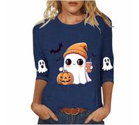 Halloween Tops for Women UK 2025 Casual 3/4 Sleeve Witch Graphic Shirts Outdoor Funny Pumpkin Bat Cat Ghost Cute Spooky T Shirt Halloween Vest top Women Navy 3XL