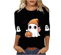 Halloween Tops for Women UK 2025 Casual 3/4 Sleeve Witch Graphic Shirts Outdoor Funny Pumpkin Bat Cat Ghost Cute Spooky T Shirt Tshirts Women UK Funny Black 3XL