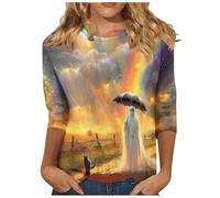 Halloween Tops for Women UK Plus Size 3/4 Length Sleeve T Shirts Novel Cute Ghost Sweatshirts Spooky Season Pullover Round Neck Loose Fit Tee Shirts Elegant Tunic Blouse 8-20