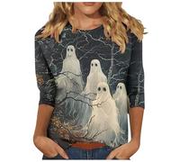Halloween Tops for Women UK Plus Size 3/4 Length Sleeve T Shirts Novel Cute Ghost Sweatshirts Spooky Season Pullover Round Neck Loose Fit Tee Shirts Elegant Tunic Blouse 8-20