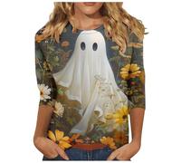 Halloween Tops for Women UK Plus Size 3/4 Length Sleeve T Shirts Novel Cute Ghost Sweatshirts Spooky Season Pullover Round Neck Loose Fit Tee Shirts Elegant Tunic Blouse 8-20