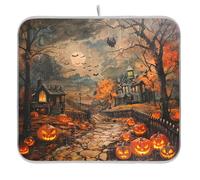 Halloween Town Dish Drying Mat for Kitchen Countertop 16x18 Spooky Pumpkin Lantern Bat Small Drying Mat Reusable Quick Dry Dish Sink Mats Easy Clean Decorative Essentials