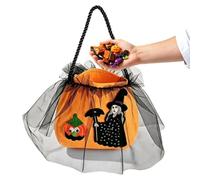 Halloween Treat Bags - Pumpkin Trick Or Treat Bag, Reusable Mesh Pouch | Reusable Nonwoven Halloween Candy Bag with Handle and Embroidered Gothic Mesh Pumpkin Design for Trick or Treat Party Decor