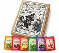 Halloween Treat Box 15 Unique Tea Envelopes Vintage Letterbox Gift | Cosy black cat vintage design, 15 unique individually wrapped teas, no duplicates, mixed classic flavours