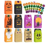 Halloween Treats Bags Party Favors 80 Pcs Kids Halloween Candy Bags for Trick or Treating + 84 Pcs Halloween Stickers, Mini Paper Gift Bags for Treats Snacks, Halloween Goodie Bags Party Supplies