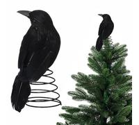 Halloween Tree Topper,Black Crow Tree Topper Decoration,Spooky Halloween Tree Ornaments with Metal Spring Base,Artificial Birds Model Decoration for Home Party Supplies