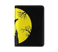 Halloween Trees Flying Bat Silhouette At Yellow Full Moon Genuine Leather Travel Passport Covers, Microfiber Leather Travel Wallet Holder Case Protector for Women and Men
