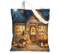 Halloween Triceratops Canvas Tote Bag for Shopping 13 * 15, Dinosaur Cute Pumpkins Reusable Grocery Bag for Women, Fall Work Travel Painting Gift Decor