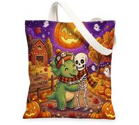 Halloween Triceratops Canvas Tote Bag for Shopping 13 * 15, Dinosaur Fall Fun Skeleton Reusable Grocery Bag for Women, Farm Work Travel Painting Gift Decor