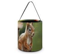 Halloween Trick Or Treat Bag with Handle Candy Bag Reusable Party Favor Bag | Red Squirrel on Small Green hill Halloween Bucket Foldable Goodie Candy Gift Bags for Party Favor Supplies