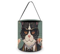 Halloween Trick Or Treat Basket with Handle, Cool Rich Gangster Boss Cat Candy Bucket Foldable Reusable Gift Bags for Party, Wedding Supplies