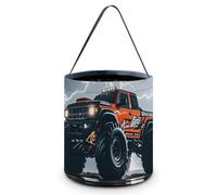 Halloween Trick Or Treat Basket with Handle, Monster Truck Black Sky Lightning Roar Candy Bucket Foldable Reusable Gift Bags for Party, Wedding Supplies