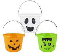 Halloween Trick or Treat Sweet Buckets with Built-In Projector Light - Kids Pumpkin, Ghost & Frankenstein Designs - 22cm Plastic Sweets Candy Bucket with Handle for Halloween Parties (All 3 Buckets)
