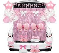 Halloween Trunk or Treat Pink Bow Car Decorations Kit Pink Girls Party Background Supplies with Bow Banner, Tinsel Curtain, Honeycomb & Balloons for SUV Home School Archway Garage Outdoor Party Decor