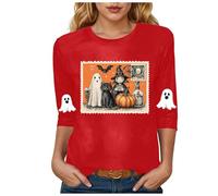 Halloween Tshirts Women 3/4 Sleeve Womens Blouse Casual Crewneck Tops Shirts Halloween T Shirt GhostsPumpkinsSpiders T Shirt Round Neck (Red, XXL)