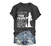 Halloween Tshirts Women I'll Put You in The Trunk and Help People Look for You Don't Test Me Crewneck Short Sleeve Top Ladies Tops (Grey, S) Halloween Costumes Adult Women