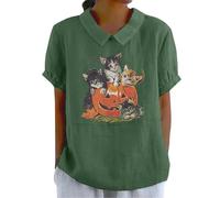 Halloween Tshirts Women Pumpkin Face Cat Peter Pan Plus Size Short Sleeve Tee Shirt 2025 Cute Funny Ladies Tops (Green, 5XL) Halloween Costumes Adult Women Cat