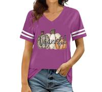 Halloween Tshirts Women Pumpkin Ghost Graphic Tee v-Neck Short Sleeved T-Shirt Breathable Polyester Shirt Unique Gift Idea Long Sleeve T Shirts Autumn Fashion Thermal Top Purple