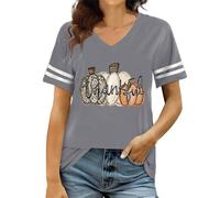 Halloween Tshirts Women Pumpkin Ghost Graphic Tee v-Neck Short Sleeved T-Shirt Breathable Polyester Shirt Unique Gift Idea Long Sleeve T Shirts Autumn Fashion Thermal Top Light Gray