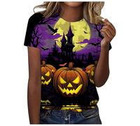 Halloween Tshirts Women Smiling Pumpkin T-Shirt Happy Halloween Costume T-Shirts Witch Brew Graphic Printing Top Ladies Short Sleeve Round Neck Blouse Pumpkin Leopard Print Tops Shirts Short Sleeve