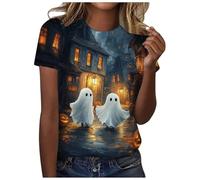 Halloween Tshirts Women Smiling Pumpkin T-Shirt Happy Halloween Costume T-Shirts Witch Brew Graphic Printing Top Ladies Short Sleeve Round Neck Blouse Pumpkin Leopard Print Tops Shirts Short Sleeve