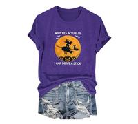 Halloween Tshirts Women Why Yes Actually I Can Drive A Stick Pumpkin Witch Crewneck Tee Shirt Short Sleeve Top Ladies Tops (Purple, M) Women Halloween Costume