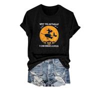Halloween Tshirts Women Why Yes Actually I Can Drive A Stick Pumpkin Witch Crewneck Tee Shirt Short Sleeve Top Ladies Tops (Black, M) Halloween Costumes Adult Women