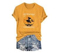 Halloween Tshirts Women Why Yes Actually I Can Drive A Stick Pumpkin Witch Crewneck Tee Shirt Short Sleeve Top Ladies Tops (Yellow, 3XL) Women's Halloween Costumes
